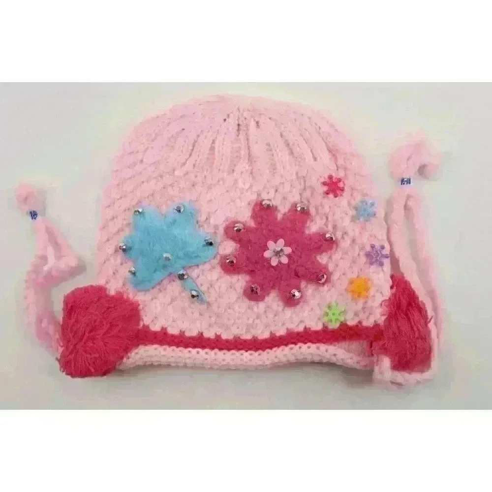 HAND knitted girl hat with knitted applique with beads for 4-6 year old. NEW. - Picture 5 of 8